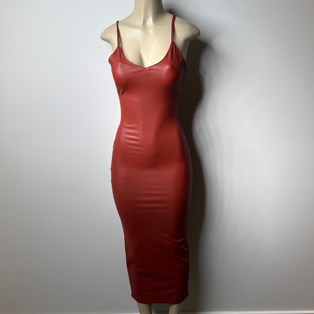 AKIRA Red Faux-Leather Midi Slip Dress